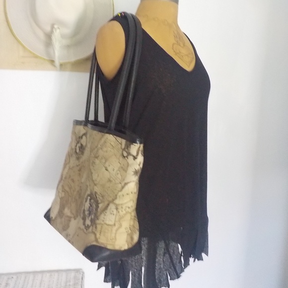 Map Fabric/Leather Shoulder Bag - Picture 3 of 10